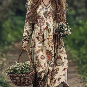 Botanical Pattem Long Sleeve V-neck Dress, Dresses, Lilicloth.com