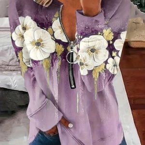 Casual Crew Neck Floral Sweatshirt Zipper, Hoodies & Sweatshirts, color:Purple|size:XXL, catalog Noracora shop
