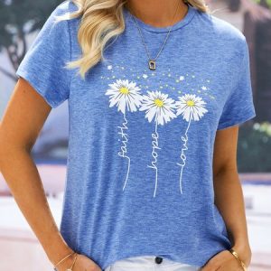 Loose Casual Crew Neck T-Shirt, T-shirts, color:Blue|size:3XL, catalog Noracora shop