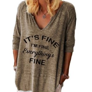 Casual Text Letters V Neck Long Sleeve T-shirt, T-shirts, color:Khaki|size:5XL, catalog Noracora shop