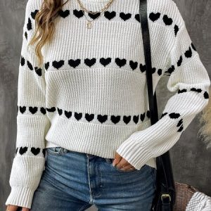 Women Yarn/Wool Yarn Heart/Cordate Long Sleeve Comfy Casual Sweater, Sweaters, color:White|size:L, catalog Noracora shop
