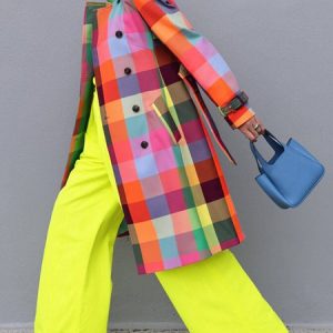 Color Plaid Urban Long Sleeve Trench Coat With Belt, Coats, color:As Picture|size:XXL, Stylewe