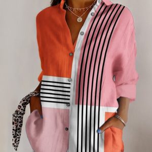 Shirt Collar Long Sleeve Geometric Regular Micro-Elasticity Regular Fit Shirt For Women, Shirts, color:Pink|size:5XL, catalog Noracora shop