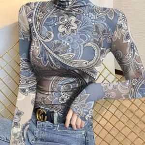 Turtleneck Printing Tight Casual T-Shirt, Tees, color:As Picture|size:XXL, Stylewe