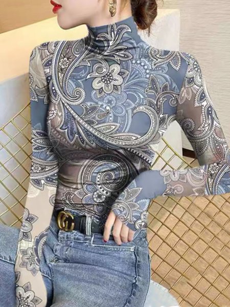 Turtleneck Printing Tight Casual T-Shirt, Tees, color:As Picture|size:XXL, Stylewe