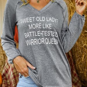 Letter Long Sleeve V-neck Casual Tunic T-Shirt, T-shirts, color:Gray|size:3XL, catalog Noracora shop