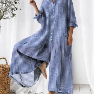 Women Short Sleeve Shawl Collar Loose Long Buttoned Daily Casual Striped Natural Shirt Jumpsuit, Jumpsuits&Rompers, color:Blue|size:3XL, catalog Noracora shop