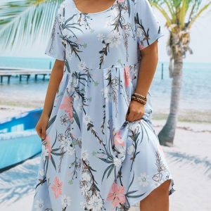 Plus Size Floral Short Sleeve Woven Dress, DRESSES, color:Blue|size:4X, catalog Noracora shop