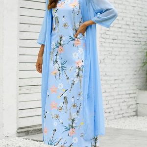 Floral Sweet Long Sleeve Woven Dress, Maxi, color:Sky Blue|size:3XL, catalog Noracora shop