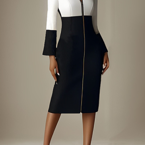 Elegant Split Joint Pockets Midi Dress, Midi Dresses, color:Black-white|size:XXL, Stylewe