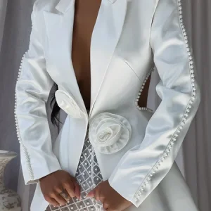 Urban Imitation Pearls 3D Floral Hollow out Blazer, Blazers, color:White|size:XXL, Stylewe