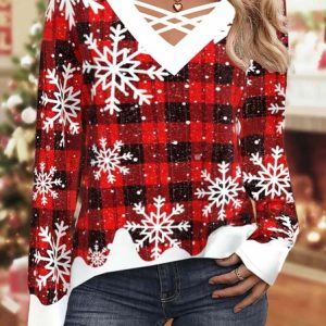 Cross Neck Long Sleeve Christmas Regular Micro-Elasticity Loose Blouse For Women, Blouses, color:Red|size:XXL, catalog Noracora shop