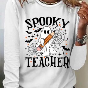 Casual Halloween Spooky Teacher Print Crew Neck Long Sleeve T-shirt, T-shirts, color:White|size:XXL, catalog Noracora shop