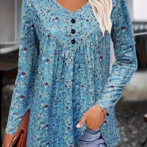 Crew Neck Long Sleeve Floral Regular Micro-Elasticity Loose Blouse For Women, Blouses, color:Blue|size:XXL, catalog Noracora shop