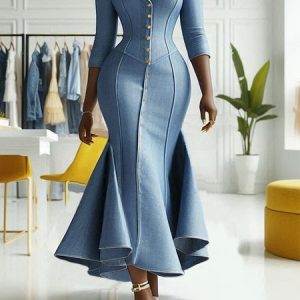 Elegant Plain Buttoned Shawl Collar Faux Denim Maxi Dress, Maxi Dresses, color:Denim Blue|size:XXL, Stylewe