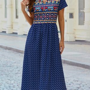Casual V Neck Short Sleeve Woven Dress, Midi, color:flower|size:XXL, catalog Noracora shop