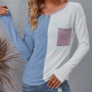 Casual Color Block Crew Neck Long Sleeve T-shirt, T-shirts, color:Blue|size:XL, catalog Noracora shop