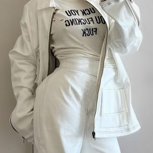 Urban Faux Leather Utility Jacket With Plus Pockets, Jackets, color:White|size:XXL, Stylewe