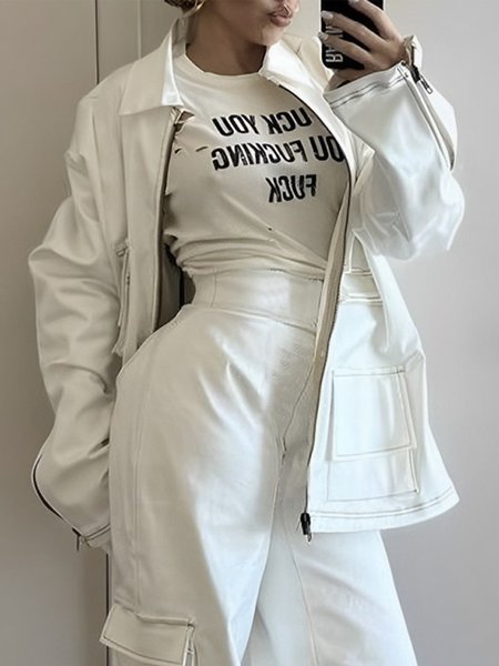 Urban Faux Leather Utility Jacket With Plus Pockets, Jackets, color:White|size:XXL, Stylewe