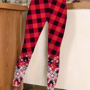 Women's Casual Plaid Jersey All Season Long Leggings, JustFashionNow Leggings, color:Red|size:XXL,