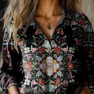 Shawl Collar Long Sleeve Ethnic Regular Micro-Elasticity Loose Shirt For Women, Shirts, color:As Picture|size:4XL, catalog Noracora shop