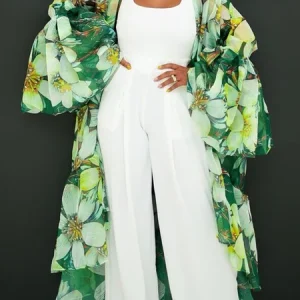Vacation Bell Sleeve Loose Floral Kimono, Kimonos, color:Green|size:XXL, Stylewe