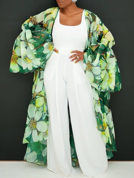 Vacation Bell Sleeve Loose Floral Kimono, Kimonos, color:Green|size:XXL, Stylewe