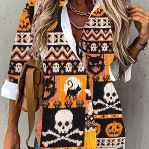 Shirt Collar Long Sleeve Halloween Regular Loose Shirt For Women, Shirts, color:Orange|size:XXL, catalog Noracora shop