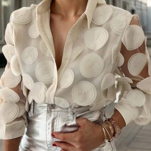 Shirt Collar Urban Plain 3D Floral Regular Fit Blouse, Blouses and Shirts, color:Off White|size:XXL, Stylewe