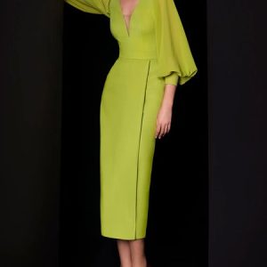 Elegant Balloon Sleeve Split Joint V Neck Midi Dress, Midi Dresses, color:Green|size:XXL, Stylewe
