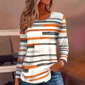 Casual Striped Crew Neck Long Sleeve T-shirt, T-shirts, color:White|size:5XL, catalog Noracora shop