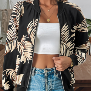 Women's Leaf Zipper Thicken Loose Jacket, Outerwear, color:Black|size:XXL, catalog Noracora shop
