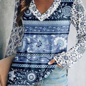Vintage Floral V Neck Long Sleeve T-shirt, T-shirts, color:Blue|size:4XL, catalog Noracora shop