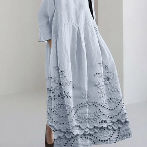 Cottage Floral Embroidered Lace Hem Flowy Maxi Dress, Dresses, Lilicloth.com