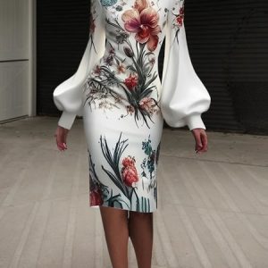 Elegant Floral Balloon Sleeve  Midi Dress, Midi Dresses, color:As Picture|size:XXL, Stylewe