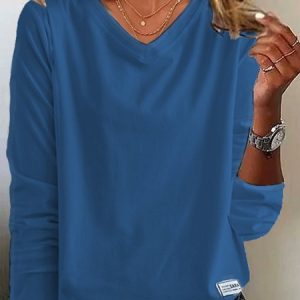 Women's Long Sleeve Tee T-shirt Spring/Fall Plain Jersey V Neck Daily Going Out Casual Top, JustFashionNow T-Shirts, color:Blue|size:4XL,