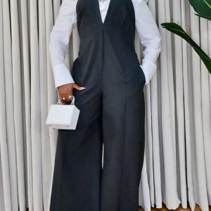 Urban Regular Fit Halter Plain Bib Pants, Jumpsuits, color:Black|size:XXL, Stylewe