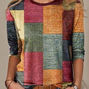 Casual Plaid Crew Neck Long Sleeve T-shirt, T-shirts, color:Multicolor|size:XXL, catalog Noracora shop