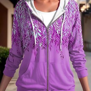 Women Spring/Fall Outerwear Casual Zipper Leaf Long Sleeve Jacket, JustFashionNow Jackets, color:Purple|size:5XL,