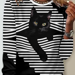 Casual Striped Crew Neck Long Sleeve T-shirt, T-shirts, color:Black|size:4XL, catalog Noracora shop