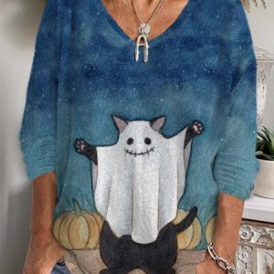 Casual Halloween Ghost Prints V Neck Long Sleeve T-shirt, T-shirts, color:Blue|size:XXL, catalog Noracora shop