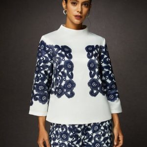 Elegant Boat Neck Three Quarter Sleeve Print Blouse, Blouses and Shirts, color:As Picture|size:XXL, Stylewe