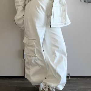 Urban Faux Leather Pants With Plus Pockets, Pants, color:White|size:XXL, Stylewe