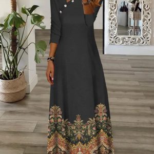 Buckle Ethnic Printed Asymmetrical Collar Casual Dress, Maxi, color:Black|size:XXL, catalog Noracora shop