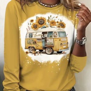 Sunflower and vintage car printed casual T-shirt, Long sleeves, Lilicloth.com