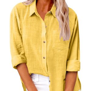 Shirt Collar Long Sleeve Plain Regular Loose Shirt For Women, Shirts, color:Yellow|size:3XL, catalog Noracora shop