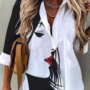 Shirt Collar Long Sleeve Floral Regular Loose Shirt For Women, Shirts, color:Black|size:4XL, catalog Noracora shop