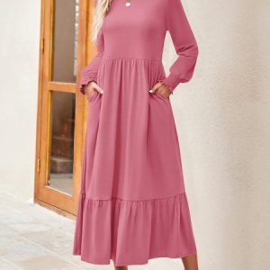 Women Plain Crew Neck Long Sleeve Comfy Casual Maxi Dress, Dresses, color:Pink|size:XXL, catalog Noracora shop