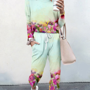 Women Floral Crew Neck Long Sleeve Comfy Casual Top With Pants Two-Piece Set, Sets, color:Green|size:5XL, catalog Noracora shop