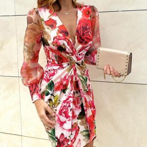 Floral Print Sheer Mesh Long Sleeve Twist Front Dress Wrap Front Zipper Back Bodycon Dress, women Print Dresses, ChicMe catalog
